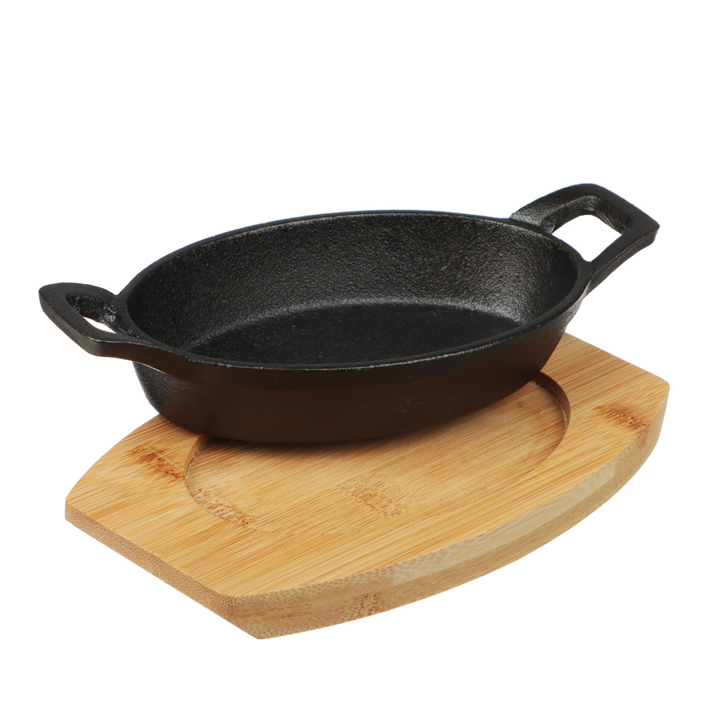 SATOSHI Сковорода мини на подставке из бамбука чугун, овальная, 15х9.8см, индукция, арт.№ 808-040