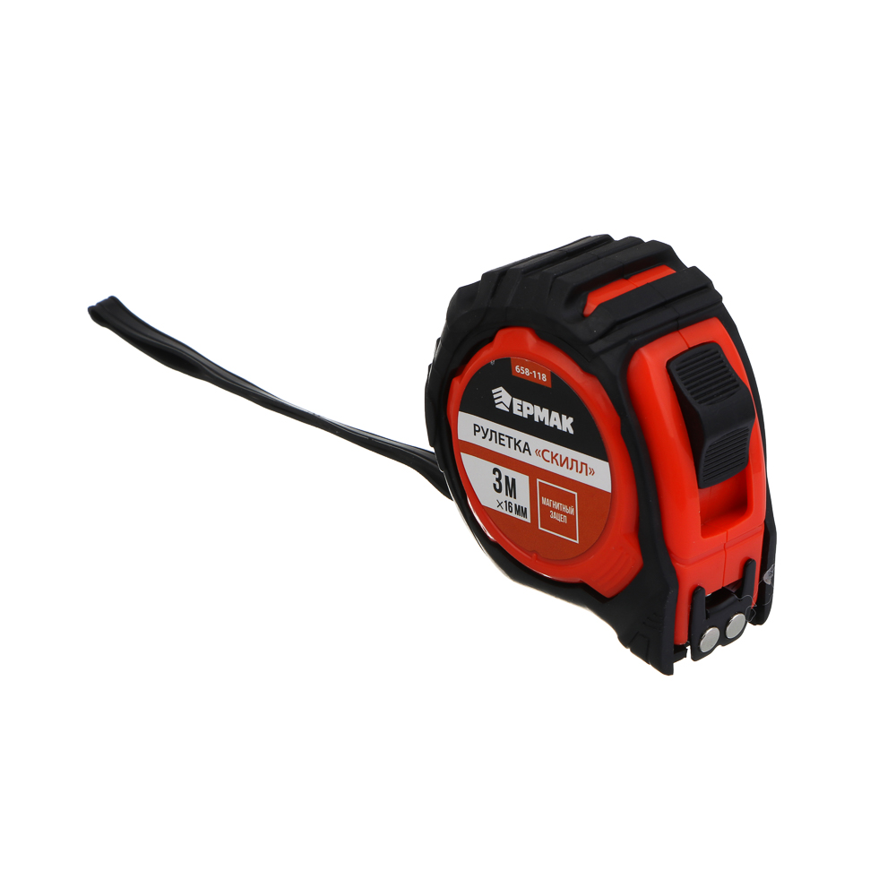 ЕРМАК Рулетка "СКИЛЛ", 3м х 16мм, 2х-сторонний зацеп + магнит, корпус ABS+TPR, арт.№ 658-118