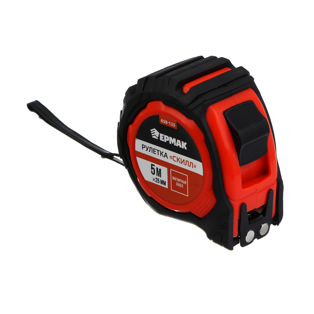 ЕРМАК Рулетка "СКИЛЛ", 5м х 25мм, 2х-сторонний зацеп + магнит, корпус ABS+TPR, арт.№ 658-123