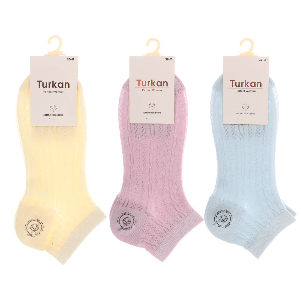 Носки женские короткие, тм Turkan, р. 36-41, 90%хлопок, 8% п/а, 2%лайкра,цвета в ас-те, MY7209, арт.№ 019-566