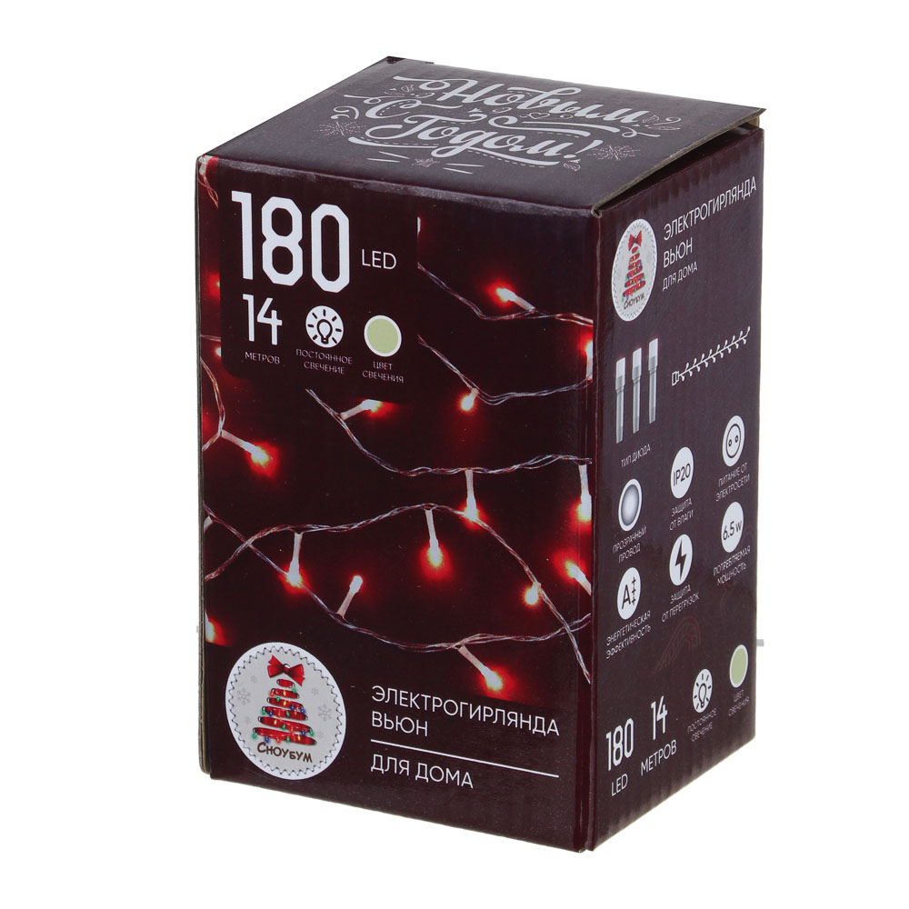 Гирлянда вьюн 14 м СНОУ БУМ, 180 LED ламп, постоянное свечение шампань, ПВХ прозрачный, 220В, 50Гц, арт.№ 384-065