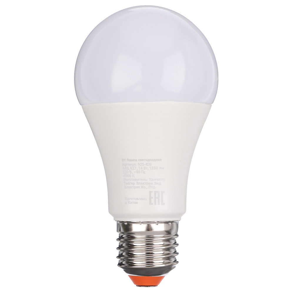 Лампа светодиодная BY A60 14 Вт, E27, 1260 Лм, 4000 K, 175-265 В, Ra>80, IRF <5%,IC, 2 года гар., арт.№ 925-409