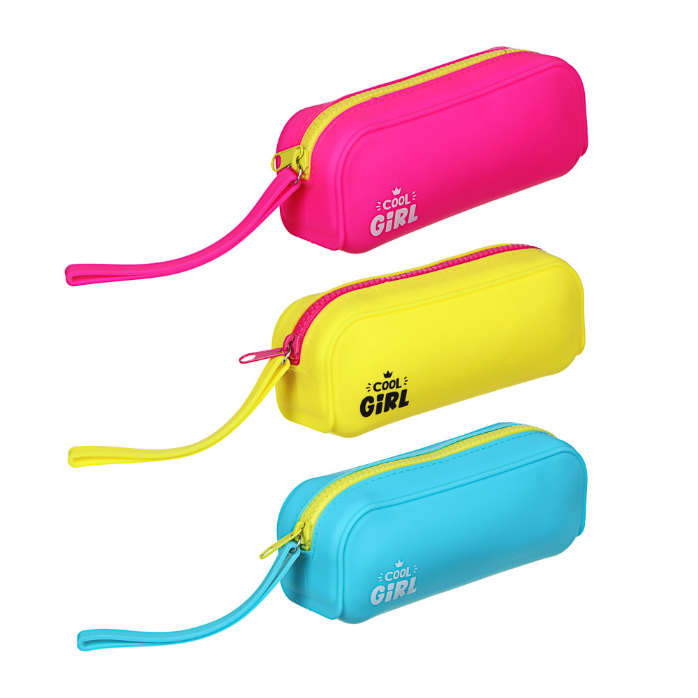 Пенал школьный прямоугольный 18х6,5х5 см, силикон, принт, ручка, большая молния, 3 цвета, арт.№ 238-245