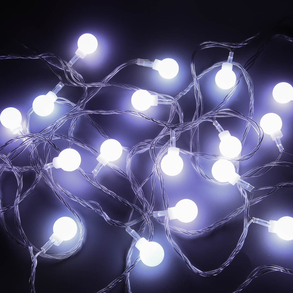 Гирлянда вьюн 9 м СНОУ БУМ, 40 LED ламп, насадка шар 1,6 см, постоянное свечение белым, провод ПВХ прозрачный, 220В, арт.№ 381-340