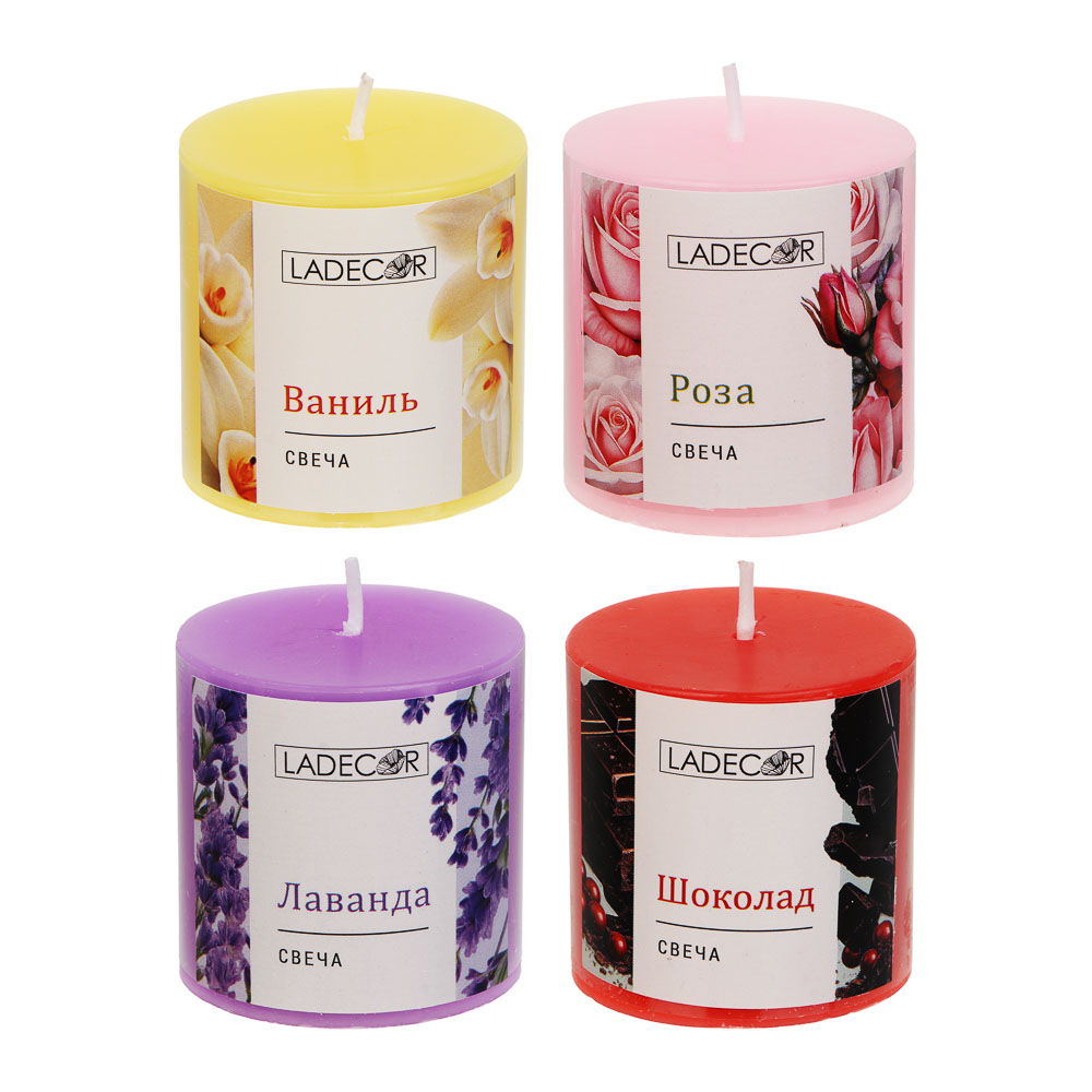 Свеча пеньковая ароматическая тм LADECOR 5x5 см, парафин, 4 вида, арт.№ 508-901