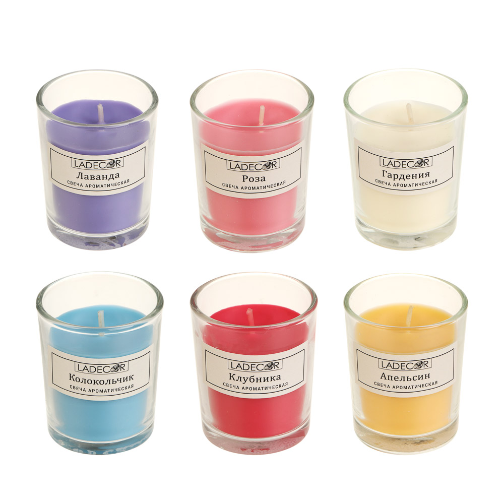 Свеча в стакане ароматическая тм LADECOR 5,2x6,2 см, 50 г, парафин, 6 цветов, арт.№ 562-149