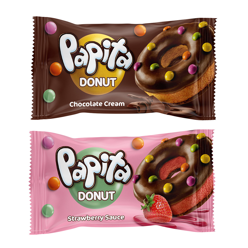 Кекс "PAPITA DONUT" с какао глазурью и цветным драже, начинка шоколад/клубника 40гр, арт.№ 209-006