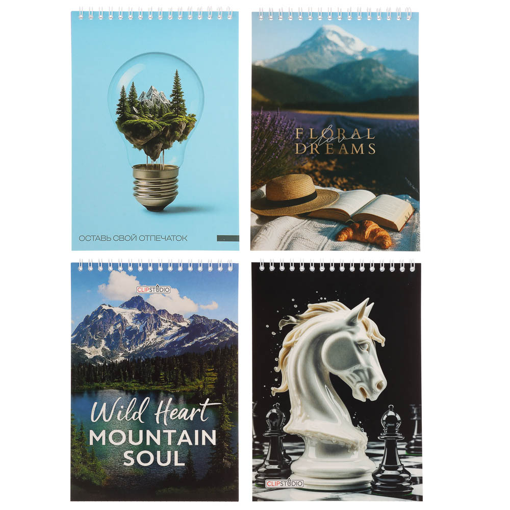 Блокнот А5, 40 листов, офсет, обложка картон, спираль, в клетку, 4 диз., арт.№ 540-020