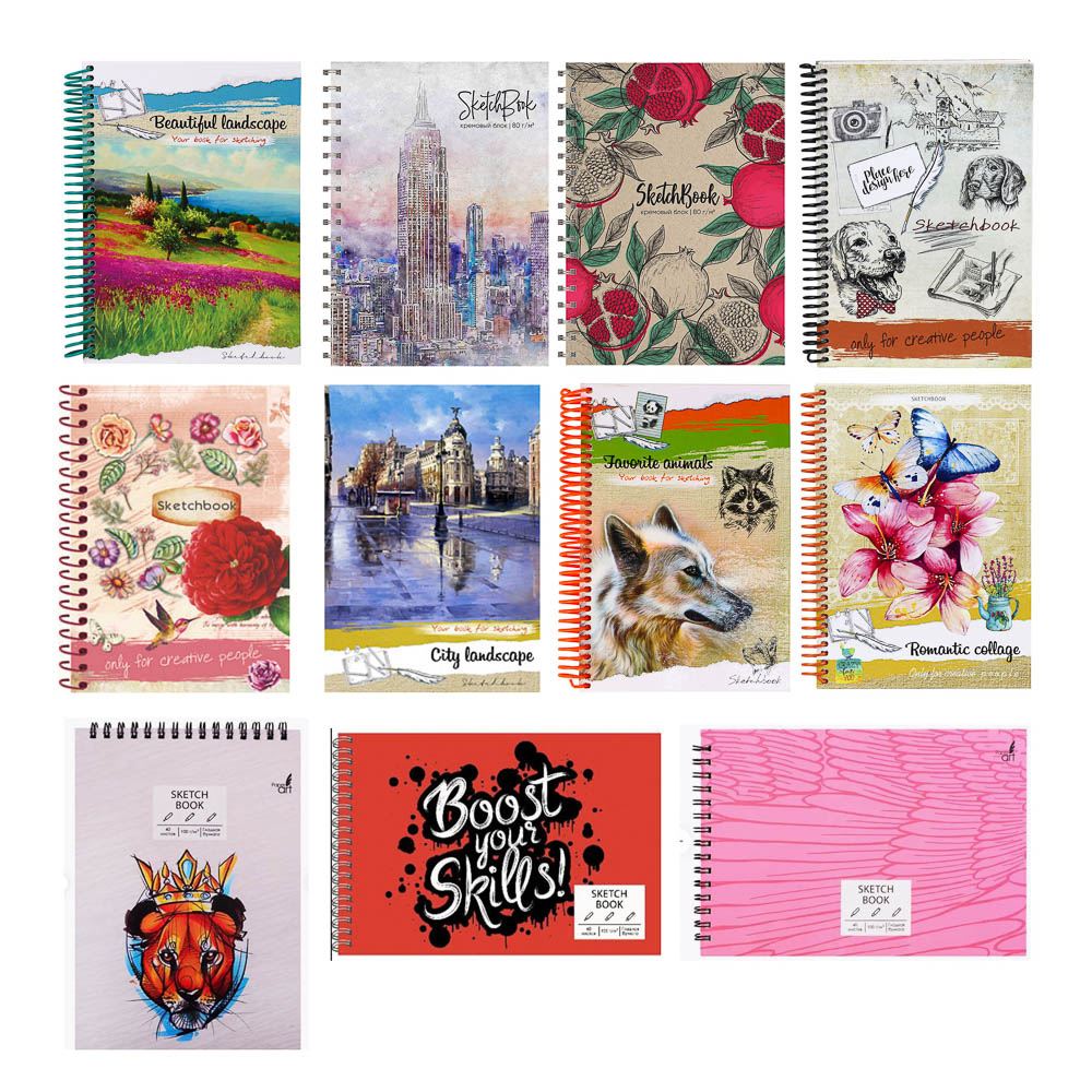Скетчбук А5 (альбом) 80 листов, крем.бумага, 7БЦ, глянц. ламинация, блок 80 г/м2, спираль, 5  дизайнов, арт.№ 515-077