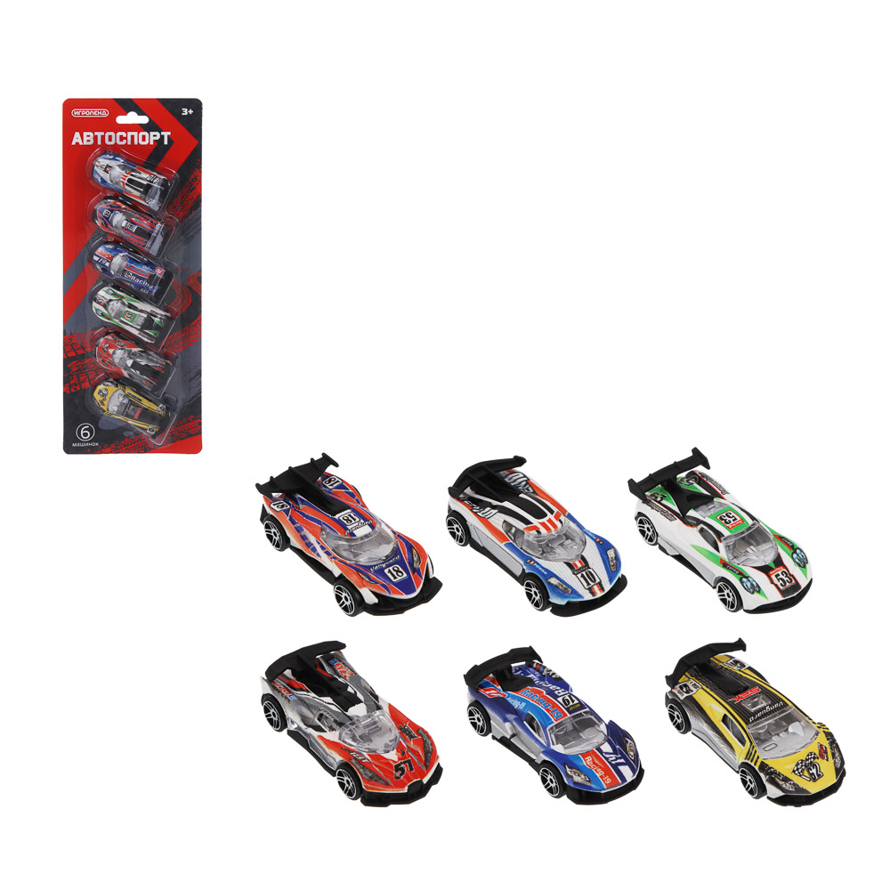 ИГРОЛЕНД Набор машинок, 6 шт, "Автоспорт", PP, 33,1х12,1х3,3 см, 2 дизайна, арт.№ 292-489