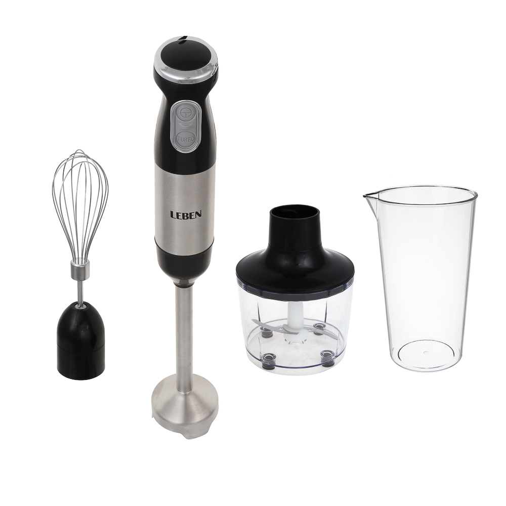 LEBEN Блендер погружной, 1500Вт, 2 скорости, чоппер, венчик и мерный стакан в компл., чёрный — купить в МПР LEBEN Блендер погружной, 1500Вт, 2 скорости, чоппер, венчик и мерный стакан в компл., чёрный, арт.№ 269-050