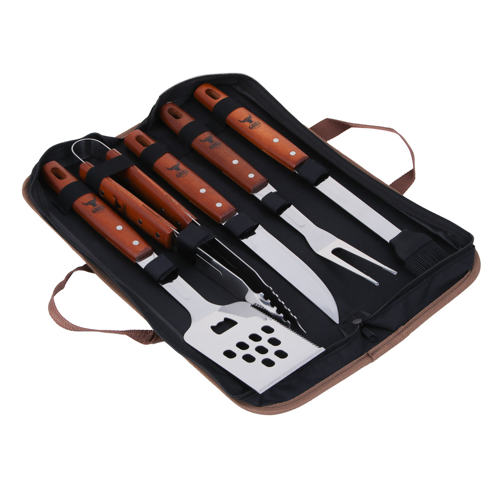 GRILLBOOM Набор для гриля 5 в 1, деревянная ручка, нерж. сталь 2CR13, арт.№ 101-016