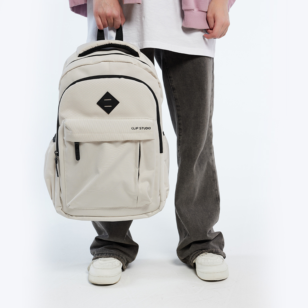 Рюкзак подростковый 44х28х17 см, 2 отделения, 4 кармана, ручка, нашивка, фактурный полиэстер, отделка искусственной кожей, бежевый, арт.№ 576-080