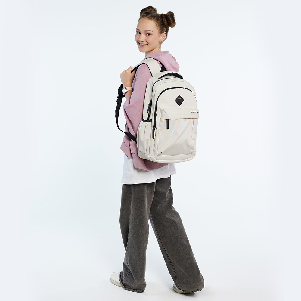 Рюкзак подростковый 44х28х17 см, 2 отделения, 4 кармана, ручка, нашивка, фактурный полиэстер, отделка искусственной кожей, бежевый, арт.№ 576-080