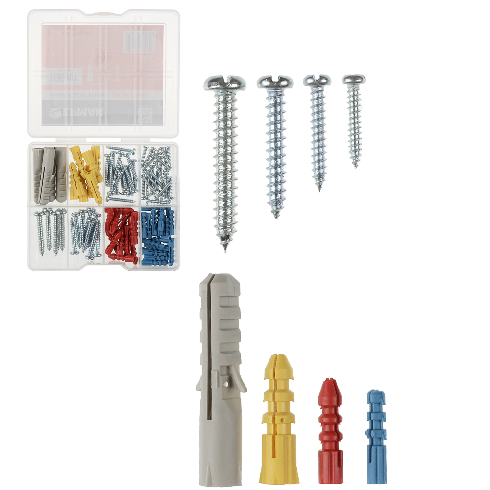 ЕРМАК Набор металлических шурупов с дюбелями на 106шт, арт.№ 624-145