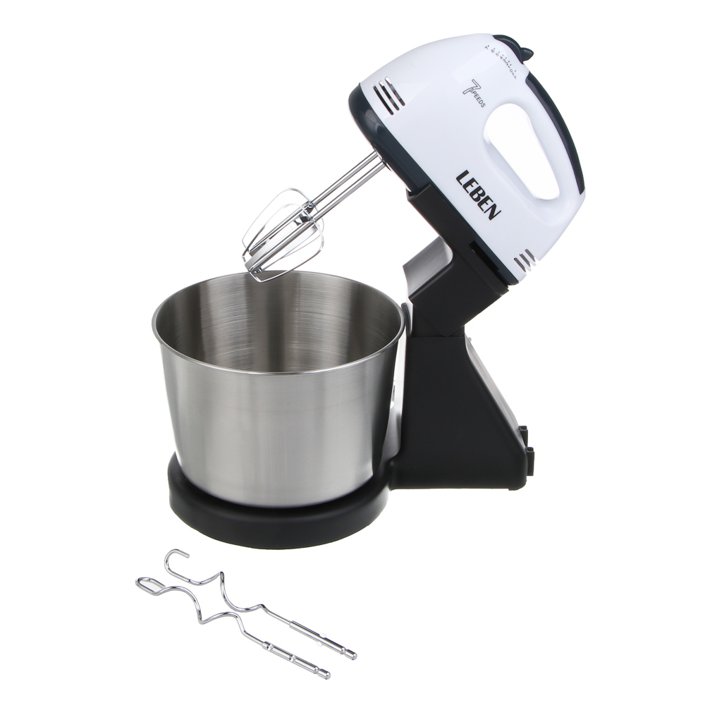 LEBEN Миксер кухонный 350Вт, 7 скоростей, 4 насадки, металлическая чаша 2л — купить в МПР LEBEN Миксер кухонный 350Вт, 7 скоростей, 4 насадки, металлическая чаша 2л, арт.№ 269-068