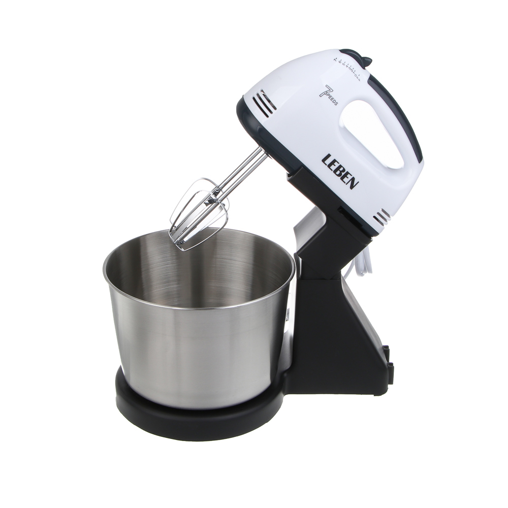 LEBEN Миксер кухонный 350Вт, 7 скоростей, 4 насадки, металлическая чаша 2л, арт.№ 269-068