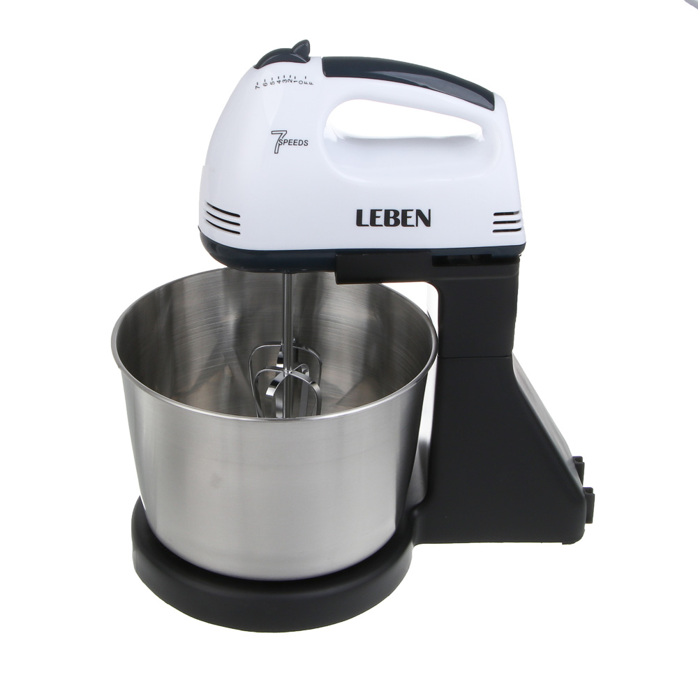 LEBEN Миксер кухонный 350Вт, 7 скоростей, 4 насадки, металлическая чаша 2л, арт.№ 269-068