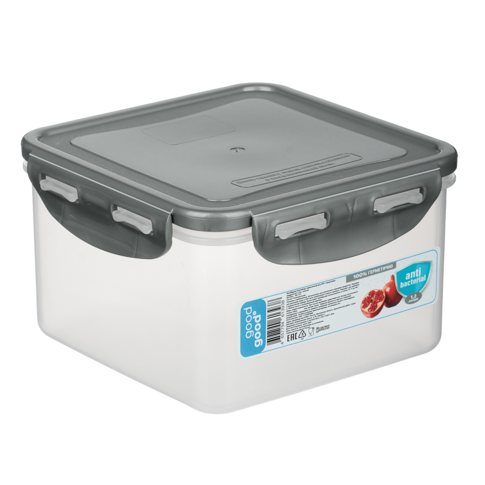 Контейнер герметичный для СВЧ с защелками тм Good&good, квадратный 1,25л, пластик, арт.№ 861-512