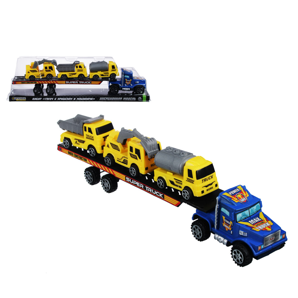 ИГРОЛЕНД Тягач с прицепом и машинами, инерция, PP, 37,5х7х12см, 2 дизайна, арт.№ 292-160