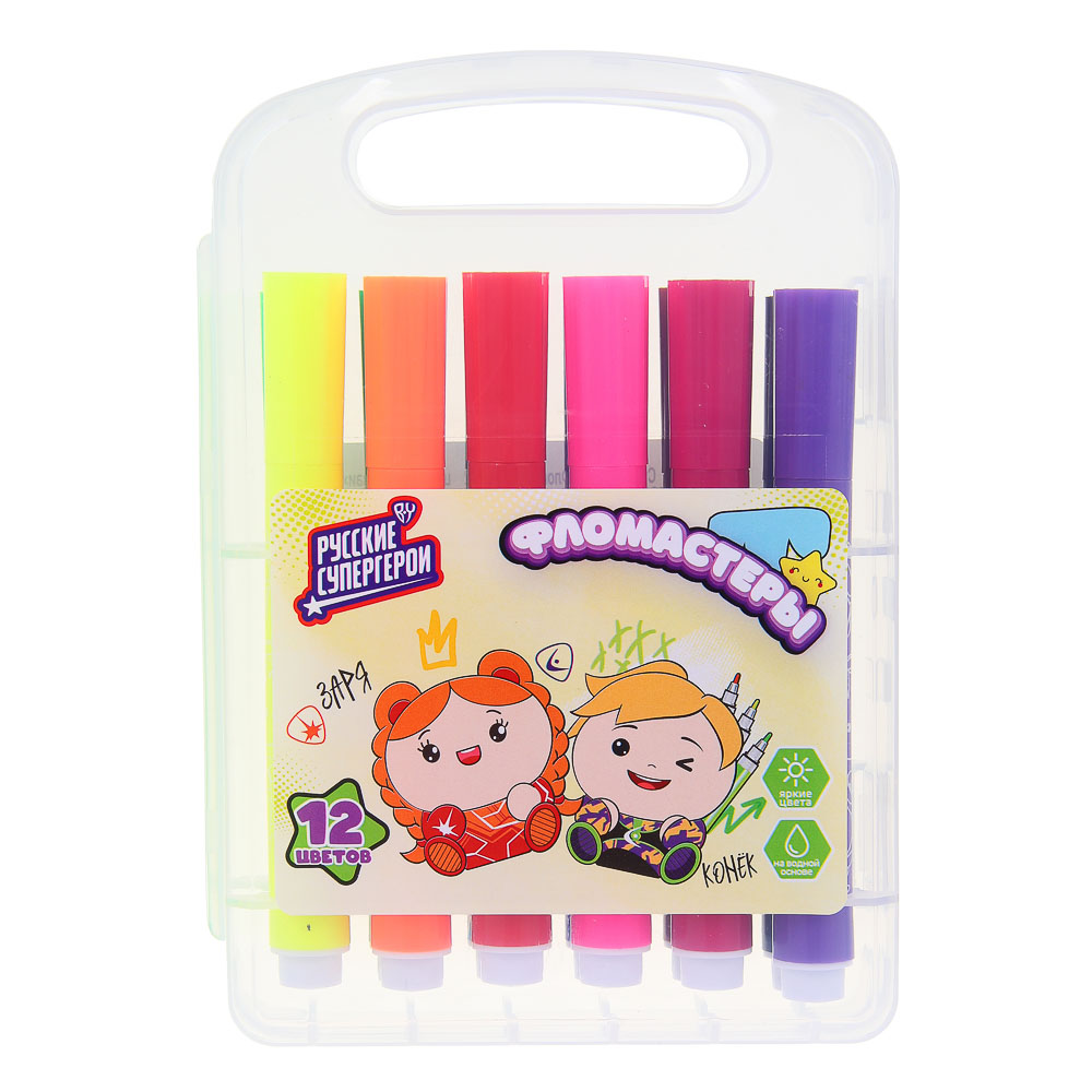 BY Русские Супергерои Фломастеры 12 цветов "Каваи", утолщенные, 10,4см., в пласт. боксе с ручкой, арт.№ 801-083