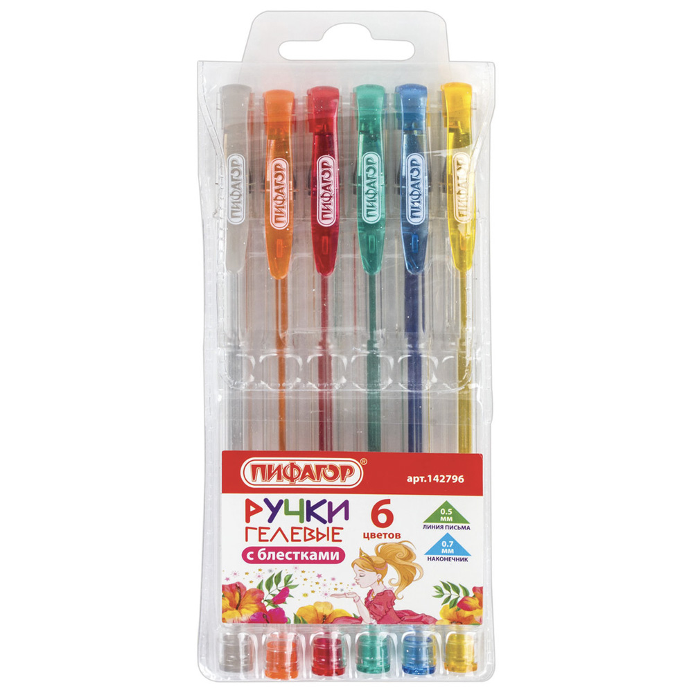 Набор гелевых ручек, 6 цв., чернила с блестками, прозр. корпус, 0,7 мм, линия письма 0,5 мм, 142796, арт.№ 614-093