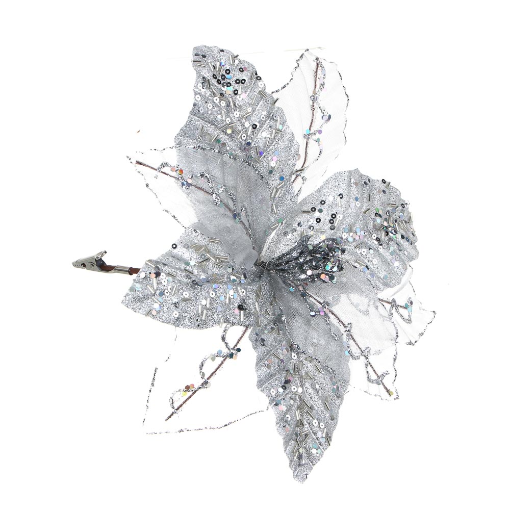 СНОУ БУМ Пуансетия 20 см на прищепке (9 лепестков), глиттер, металл, полиэстер, 26-524, арт.№ 348-046