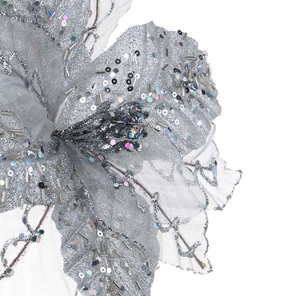 СНОУ БУМ Пуансетия 20 см на прищепке (9 лепестков), глиттер, металл, полиэстер, 26-524, арт.№ 348-046