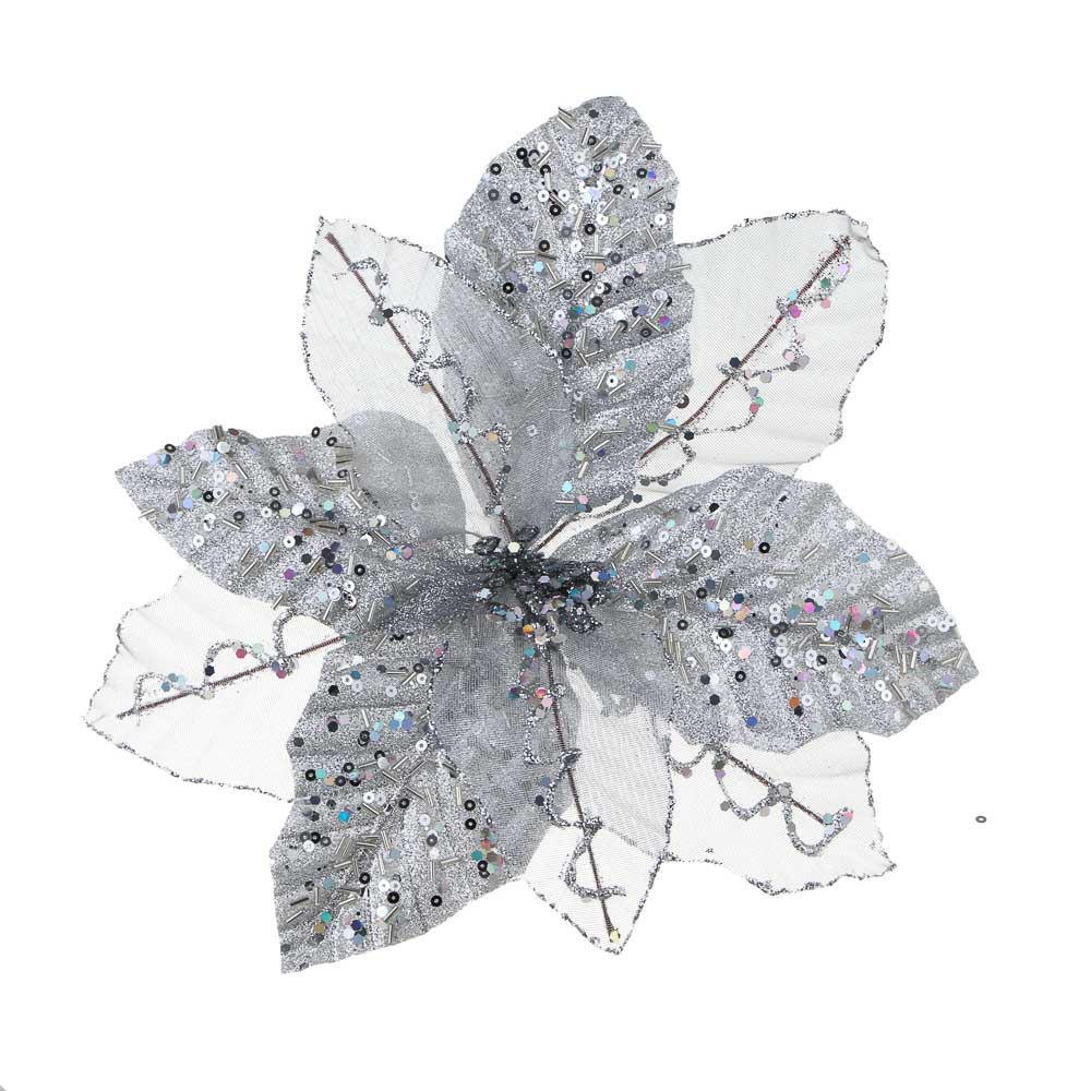 СНОУ БУМ Пуансетия 20 см на прищепке (9 лепестков), глиттер, металл, полиэстер, 26-524, арт.№ 348-046