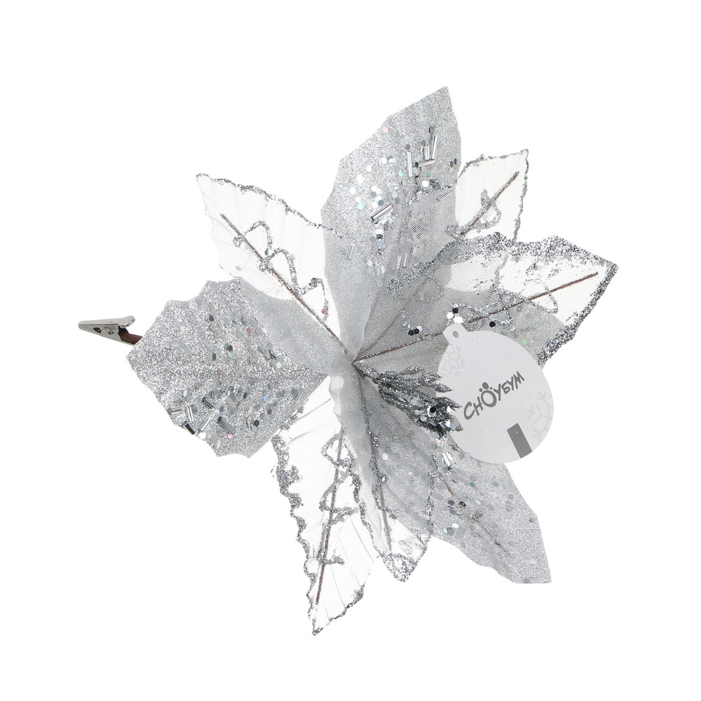 СНОУ БУМ Пуансетия 20 см на прищепке (9 лепестков), глиттер, металл, полиэстер, 26-524, арт.№ 348-046