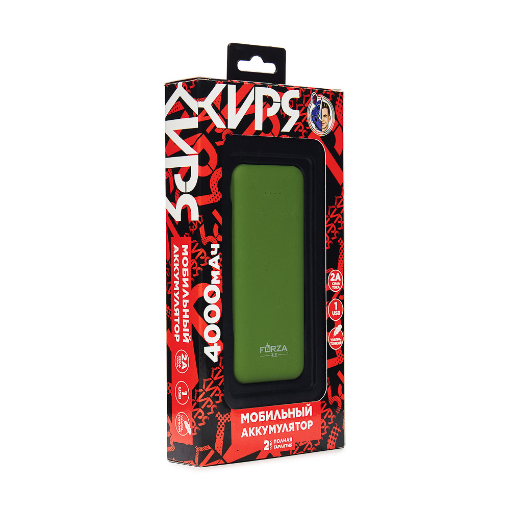 FORZA КИРЯ Аккумулятор мобильный, 4000 мАч, USB, 2А, прорезиненное покрытие, пластик, 4 цвета, арт.№ 916-392