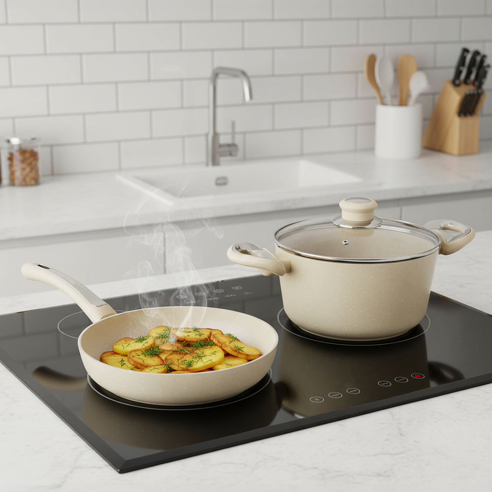 Набор посуды 9 предметов SATOSHI Турин, кастрюли 20 см, 24 см (2,7 л, 4,5 л), ковш 16 см, сковороды 24 см, 28 см, блинная сковорода 24 см, индукция, арт.№ 846-750