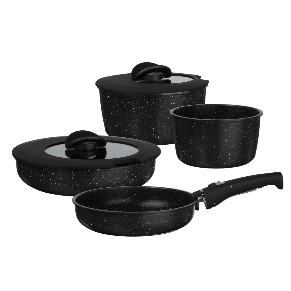 Набор посуды SATOSHI Нера 7 предметов сковороды 24 см, 26 см; ковш 1,7 л; кастрюля 2,8 л; крышки, съемные ручки, а/п покрытие мрамор, индукция — купить в МПР Набор посуды SATOSHI Нера 7 предметов сковороды 24 см, 26 см; ковш 1,7 л; кастрюля 2,8 л; крышки, съемные ручки, а/п покрытие мрамор, индукция, арт.№ 846-751
