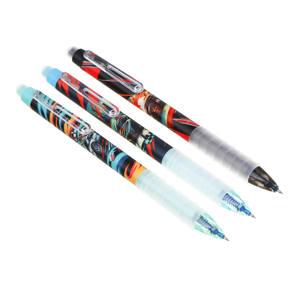 Авторучка гелевая "пиши-стирай" синяя, корпус с принтом "Машины", антискользяцая вставка, 3 дизайна, арт.№ 591-203