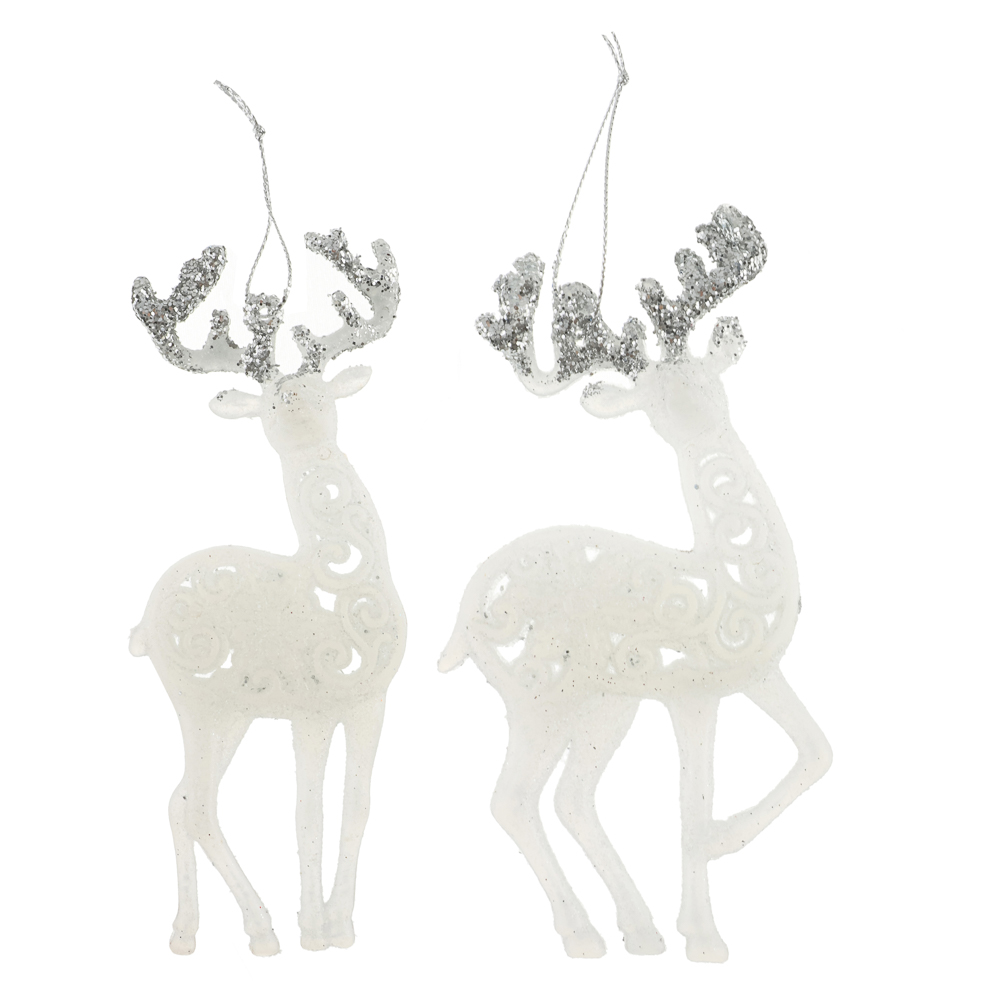 СНОУ БУМ Подвеска декоративная "Олень" 14 см, пластик, глиттер, белый, 2 дизайна, арт.№ 374-624