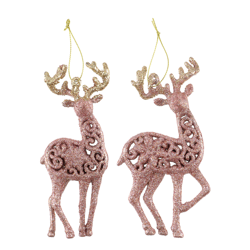 СНОУ БУМ Подвеска декоративная "Олень" 14 см, пластик, глиттер, розовое золото, 2 дизайна, арт.№ 374-626