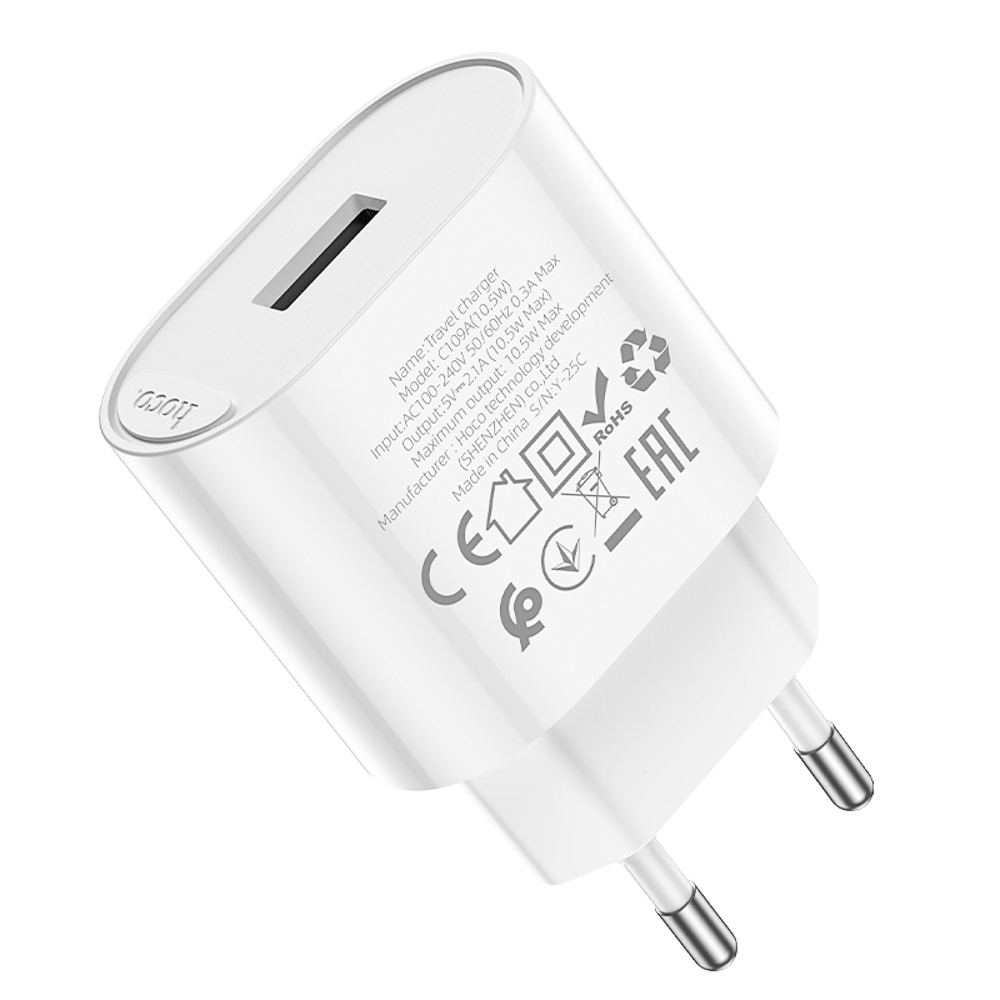 Сетевое зарядное устройство hoco. модель C109A, USB-A 10.5W, цвет: белый, арт.№ 916-277