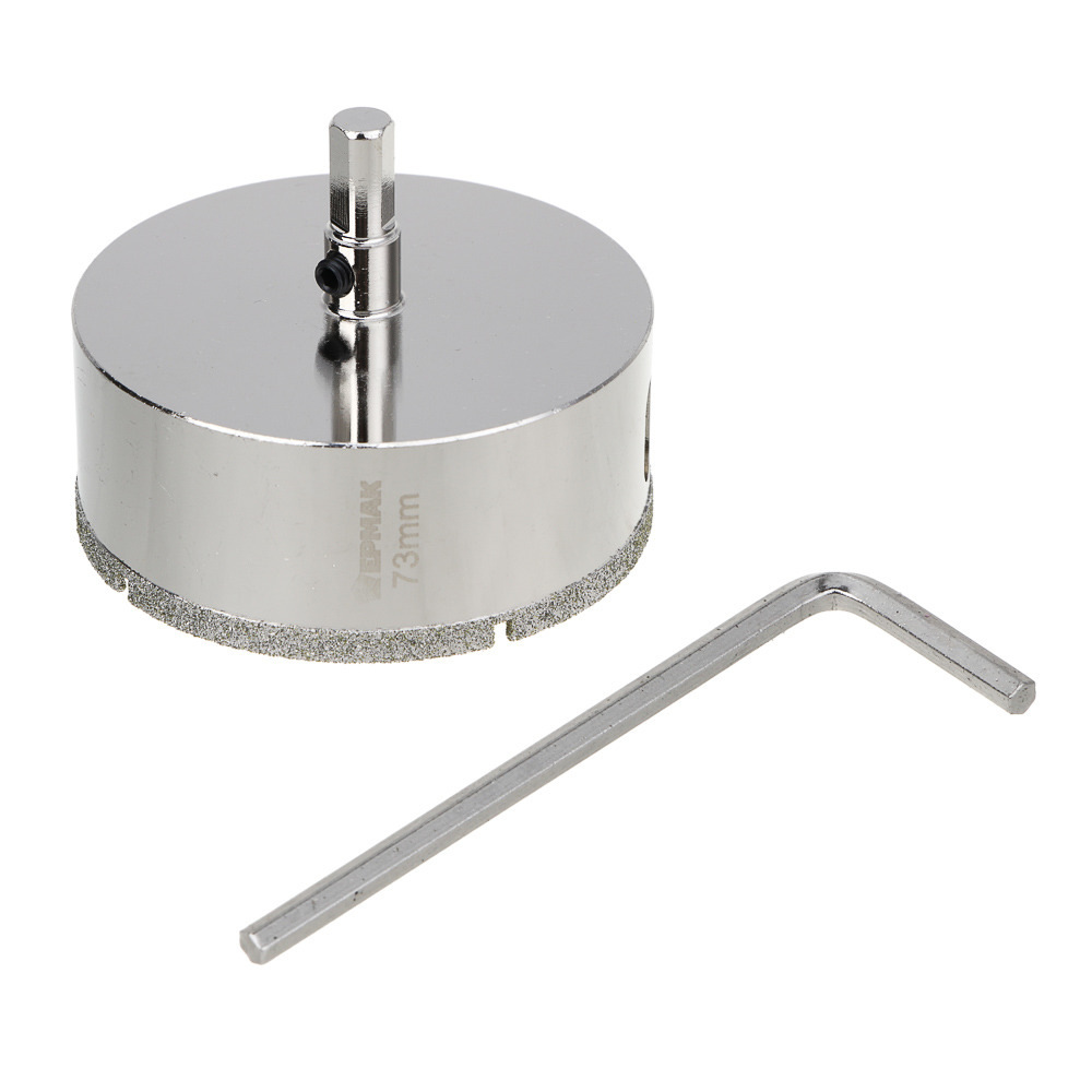 ЕРМАК Коронка алмазная с центрирующим сверлом d 73 мм по керамике и стеклу, Р45, трехгр хвостовик, арт.№ 602-015