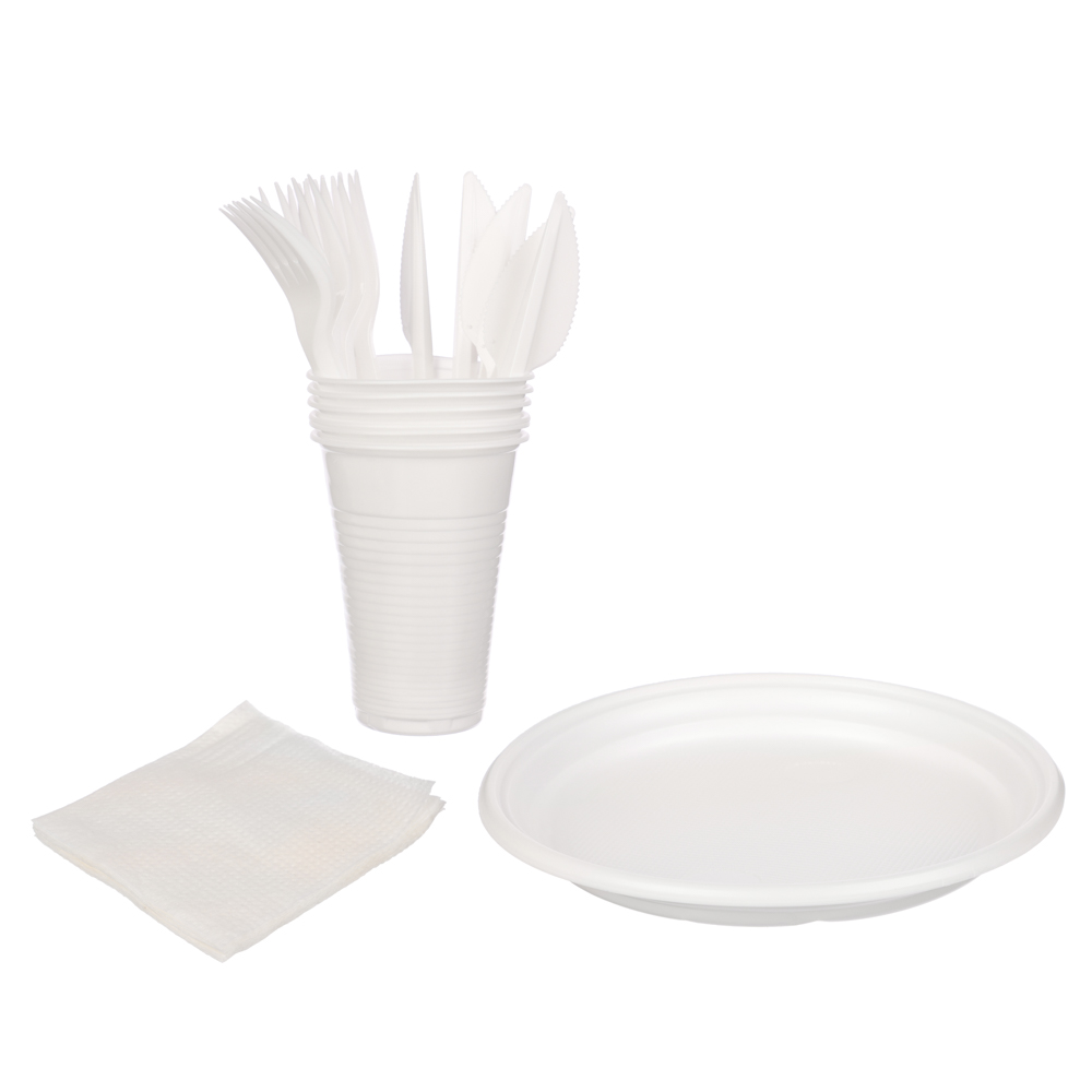 Набор на 6 персон окрашенный тм VIP (тарелка 205 мм; стакан 200 мл; вилка; нож; салфетка) полистирол, арт.№ 438-274