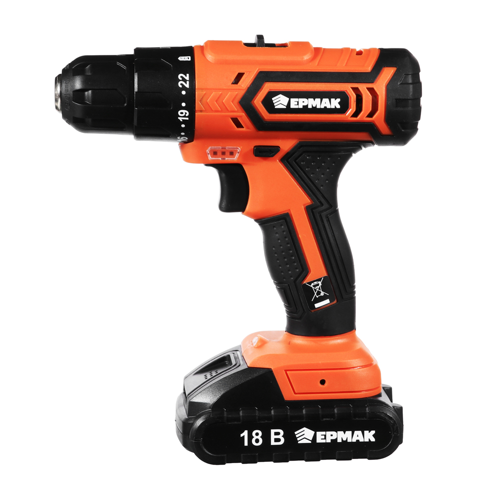 ЕРМАК Дрель-шуруповерт аккумуляторная ДША-18, 0-450-1550 об/мин, 1,3 Li-on (1),30Н*м, подсветка, арт.№ 646-325