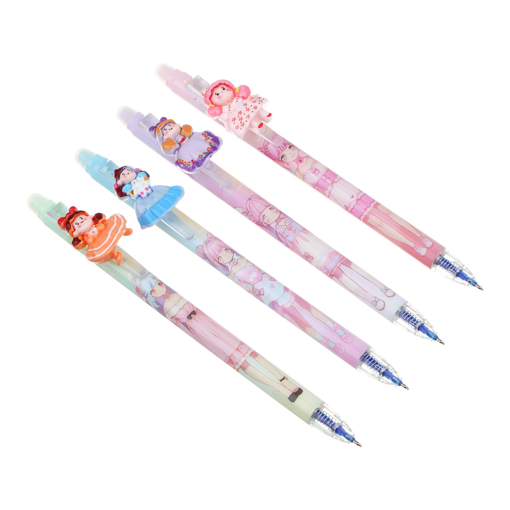 Авторучка гелевая "пиши-стирай" синяя, корпус с принтом, фигурка на клипе "Куколки", 4 дизайна, арт.№ 591-209