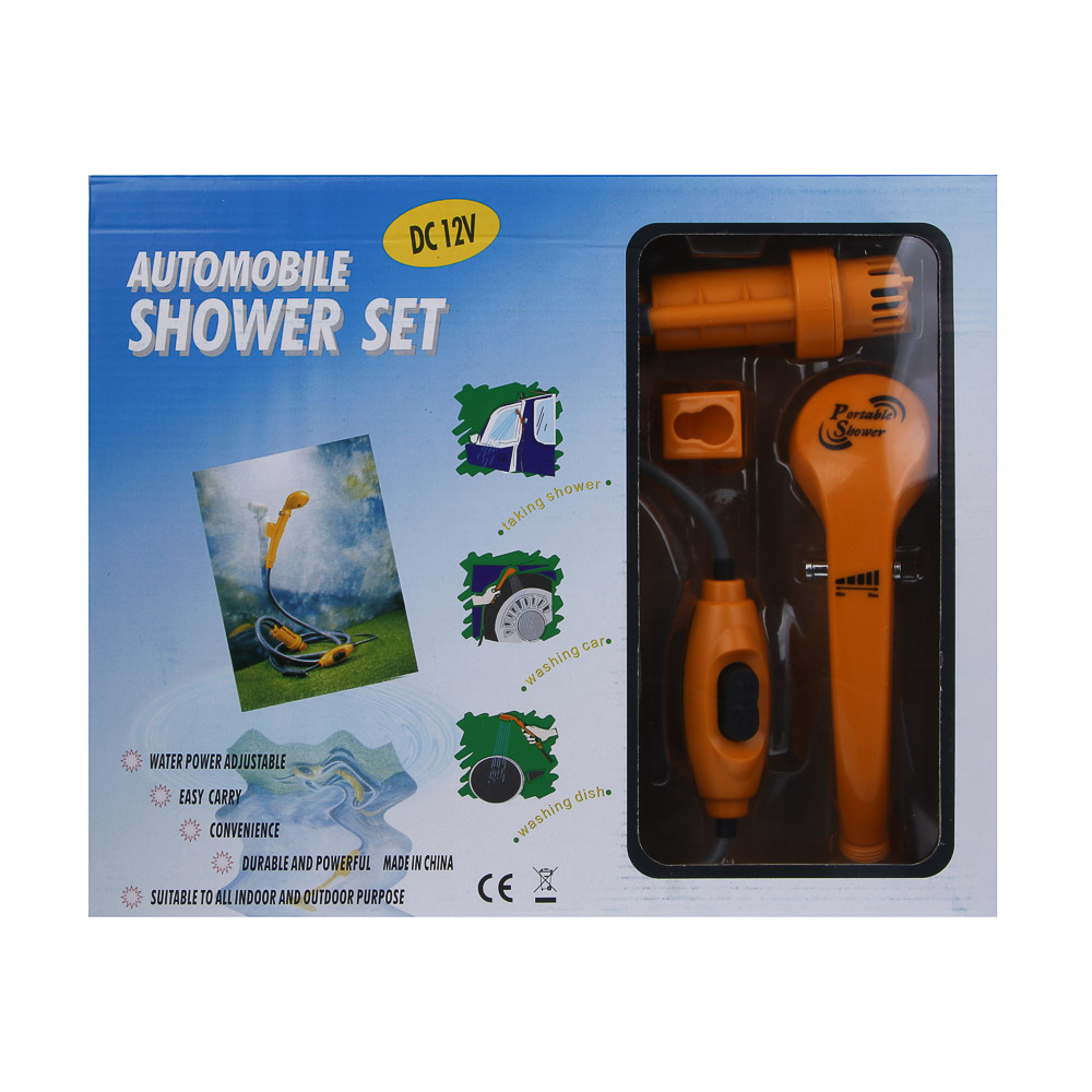Душевой набор автомобильный походный: лейка, шланг, шнур прикуривателя 12В, помпа, крючок, держатель, арт.№ 545-110