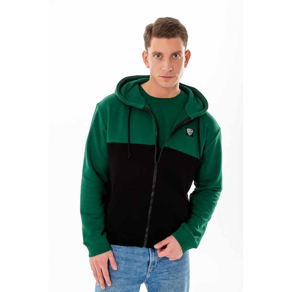 BY Толстовка на молнии мужская колорблок, хлопок, размеры S-XXL, цвет черно-зеленый, арт.№ 830-675