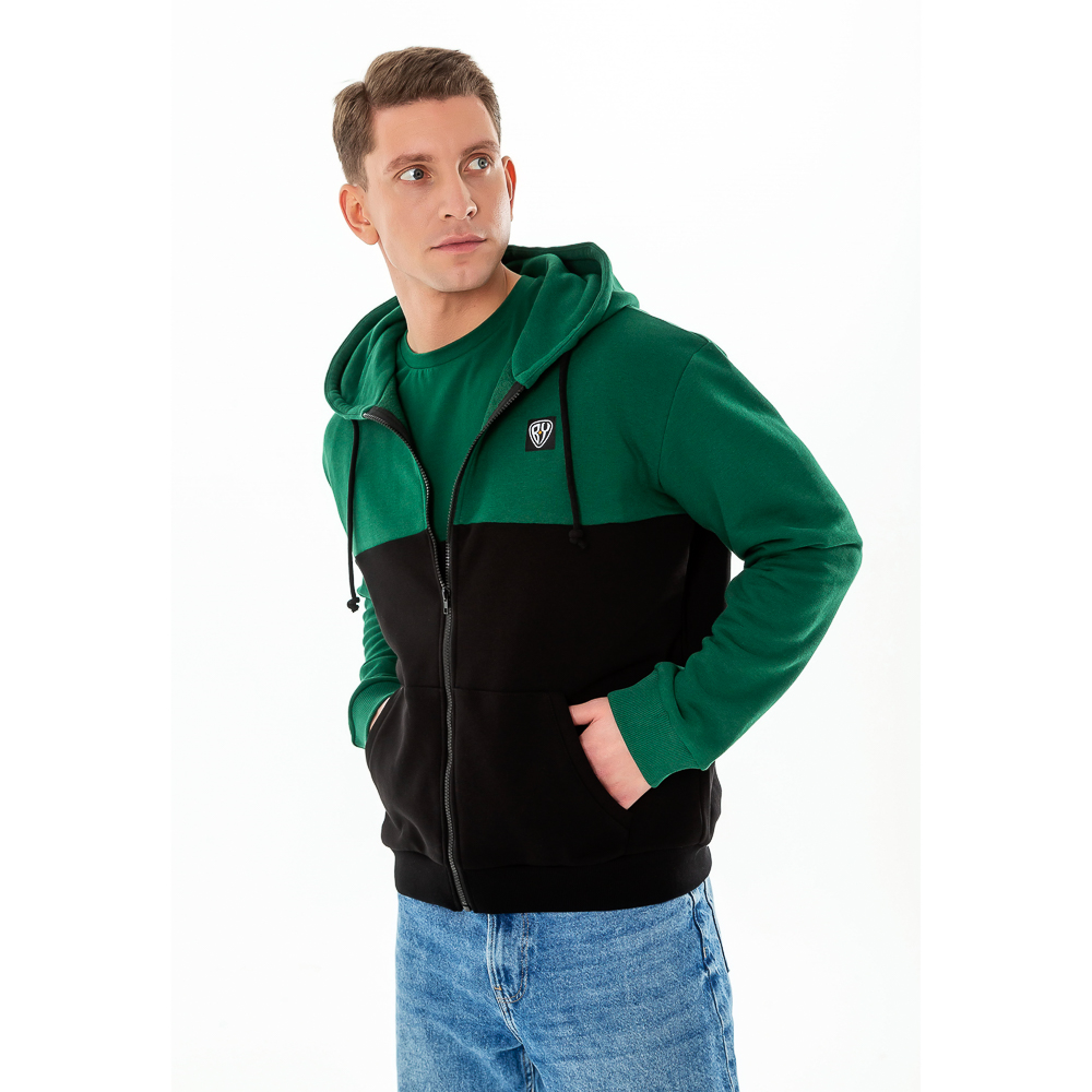 BY Толстовка на молнии мужская колорблок, хлопок, размеры S-XXL, цвет черно-зеленый, арт.№ 830-675