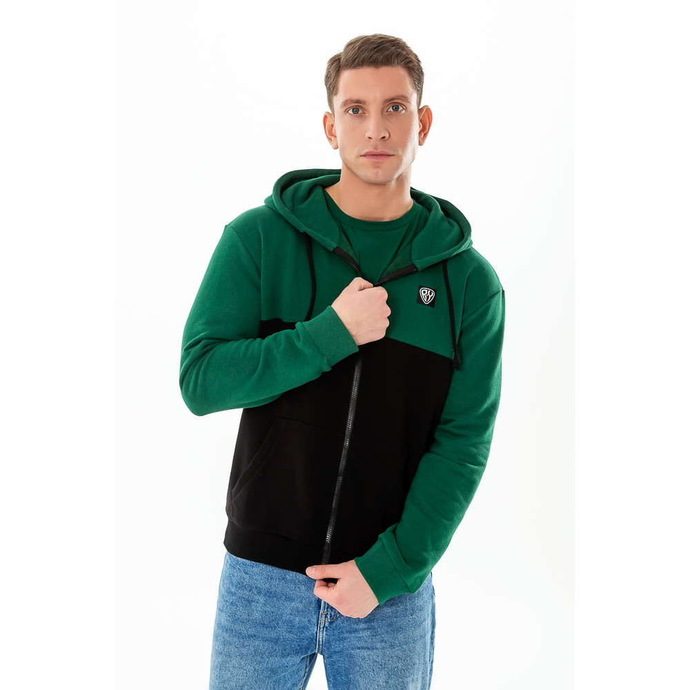 BY Толстовка на молнии мужская колорблок, хлопок, размеры S-XXL, цвет черно-зеленый, арт.№ 830-675