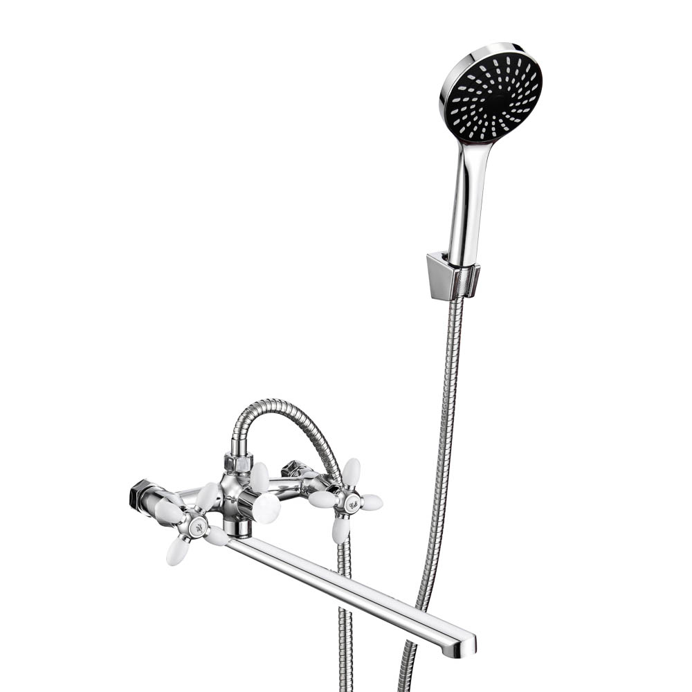 СоюзКран Смеситель для ванны с душем, прямой излив 30см, кер. кр-б. 1/2, цинк, хром/белый SK08-P243, арт.№ 567-169