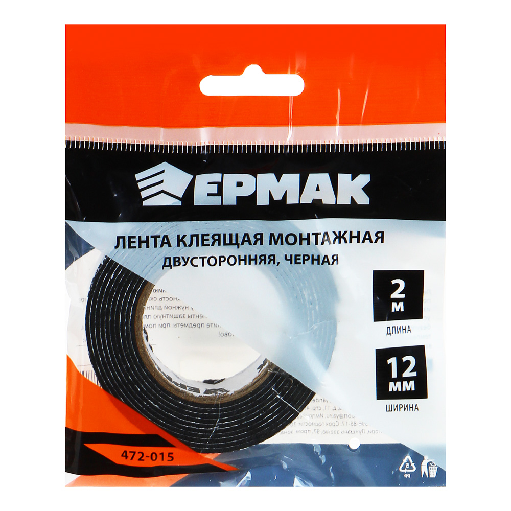 ЕРМАК Лента клеящая монтажная 2-х сторонняя, для АВТО, 12мм x 2м, черная, арт.№ 472-015