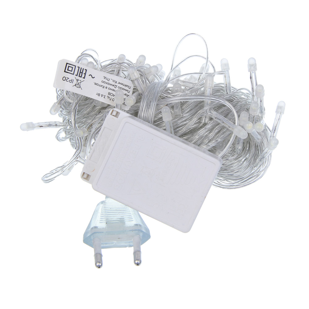 Гирлянда вьюн 10 м СНОУ БУМ, 100 LED ламп, белое свечение (8 режимов), ПВХ прозрачный, 220В, арт.№ 384-198