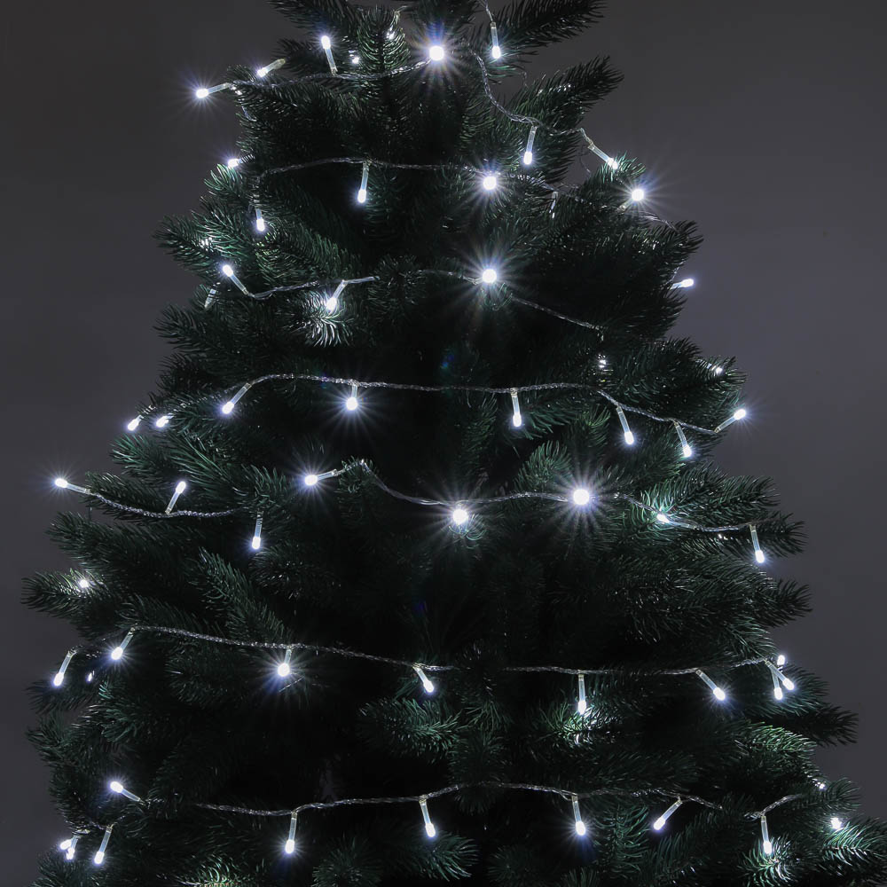 Гирлянда вьюн 10 м СНОУ БУМ, 100 LED ламп, белое свечение (8 режимов), ПВХ прозрачный, 220В, арт.№ 384-198