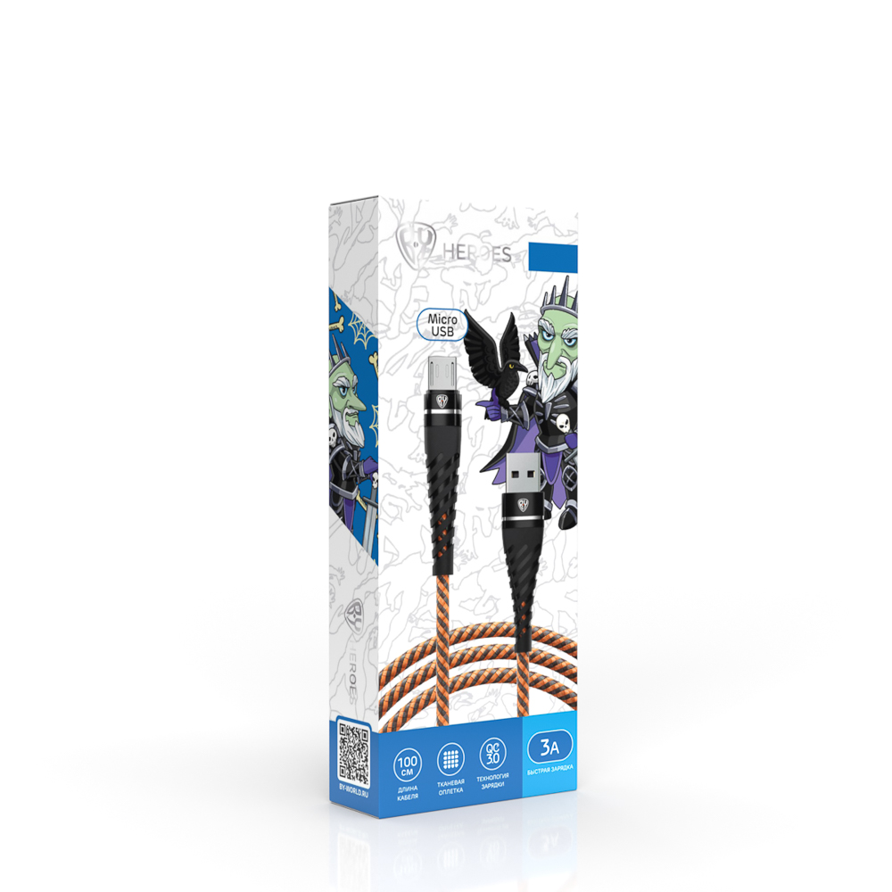 Кабель для зарядки USB(A)-microUSB BY Герои, 1м., 2.4А, быстр зар QC3.0, тканная оплётка, Кощей, арт.№ 931-398